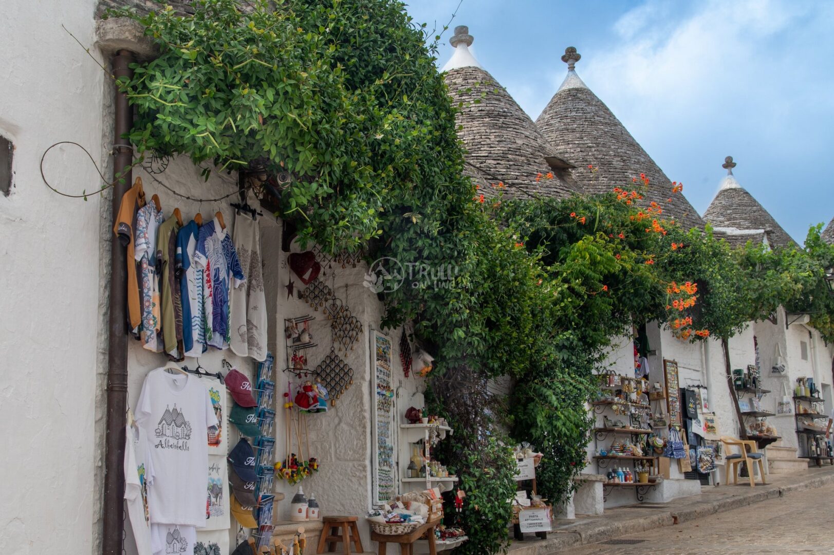 guida-alberobello-trullionline-05 Vicolo di Alberobello con botteghe di artigianato, piante fiorite e trulli sullo sfondo